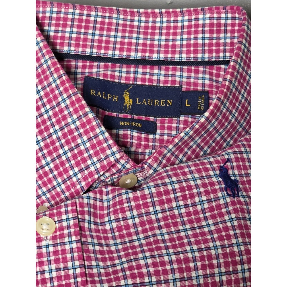 Ralph Lauren Shirt Mens Large Pink‎ & Blue Plaid Button Down Non-Iron